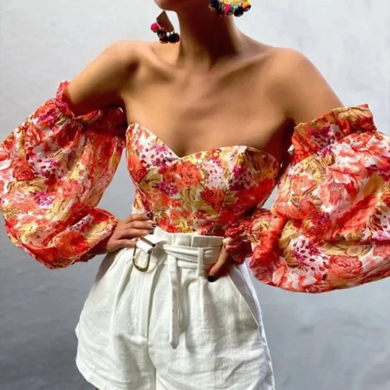 

Slash Neck Women Blouse Chiffon Floral Print Lantern Long Sleeve Top 2021 Summer Fashion Casual Ladies Tops Elegant Office Slim