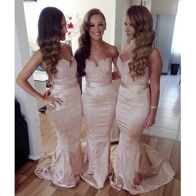 

Lace Sweetheart Satin Long Champagne Bridesmaid Dresses 2023 Sexy Mermaid Gowns Cheap Vestido De Madrinha