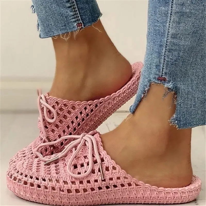 

Summer Slippers Shoes Woman 2021 Closed Toe Breathable Flip Flops Women Hollow Out Lace Up Outdoor Slides Women Flat Dropship