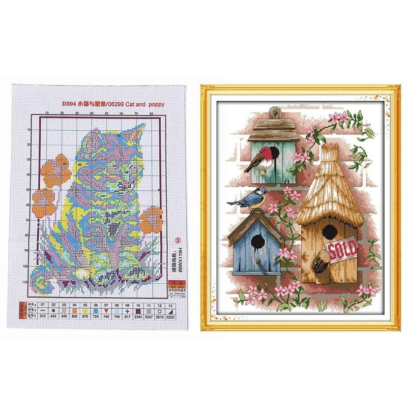 

Набор для вышивки крестиком 14 карат, Набор для вышивки с узорами, с рисунком кошки, мака и салона