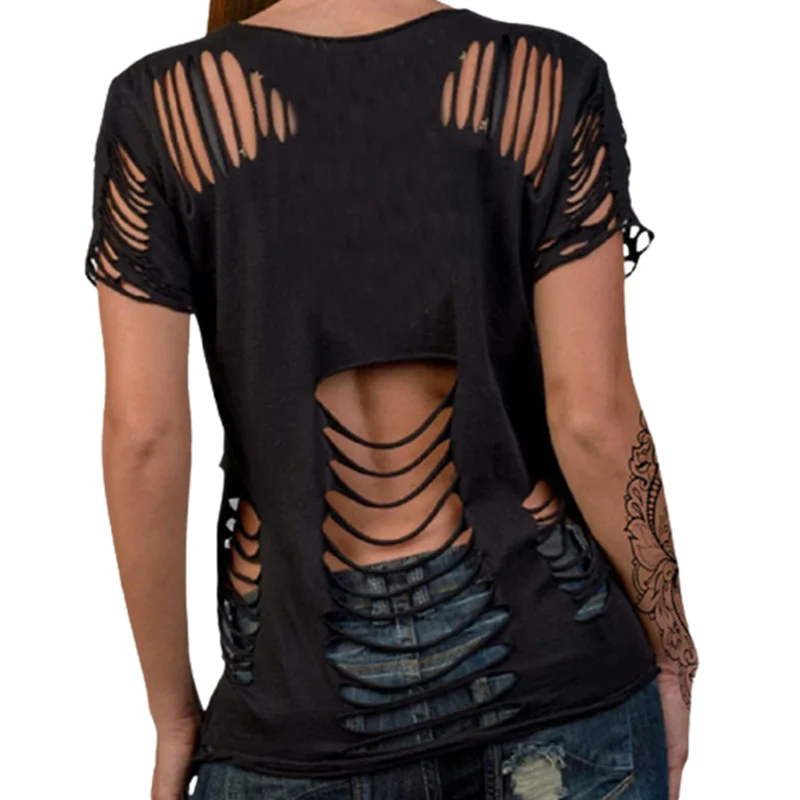 

Women's Backless Round Neck Skeleton Printing Fashion Personality Casual Streetwear Sexy T-Shirt Summer Hole Short Sleeve Tops