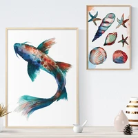watercolor marine life poster fish conch shell canvas painting nursery print wall art picture for kids room modern home decor