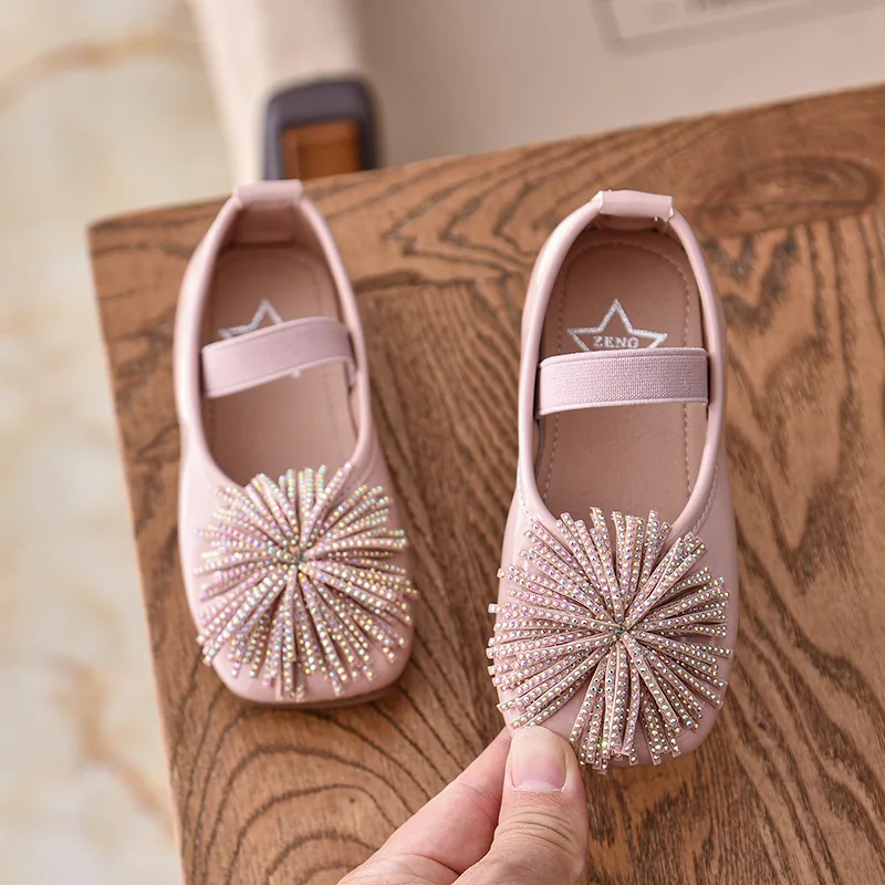 

Girls Dress Shoes Toddlers Leather Flats Fringes With Rhinestone Princess Kids Shoes Elastic Band Children's Wedding Party Shoes