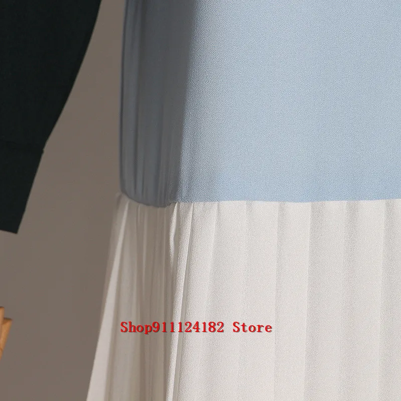 

European And American Style 2021 Women's Autumn Loose Color Matching Pleated Medium Length Dress Women's Wear