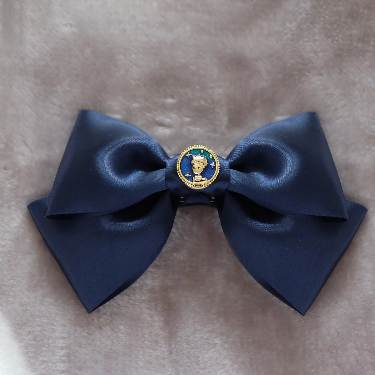 

Lovely Little Prince Navy Blue Handmade Hair Bow Satin Bow Lined Silver French Slides Barrette Polyester Ribbon Spring Hair Clip