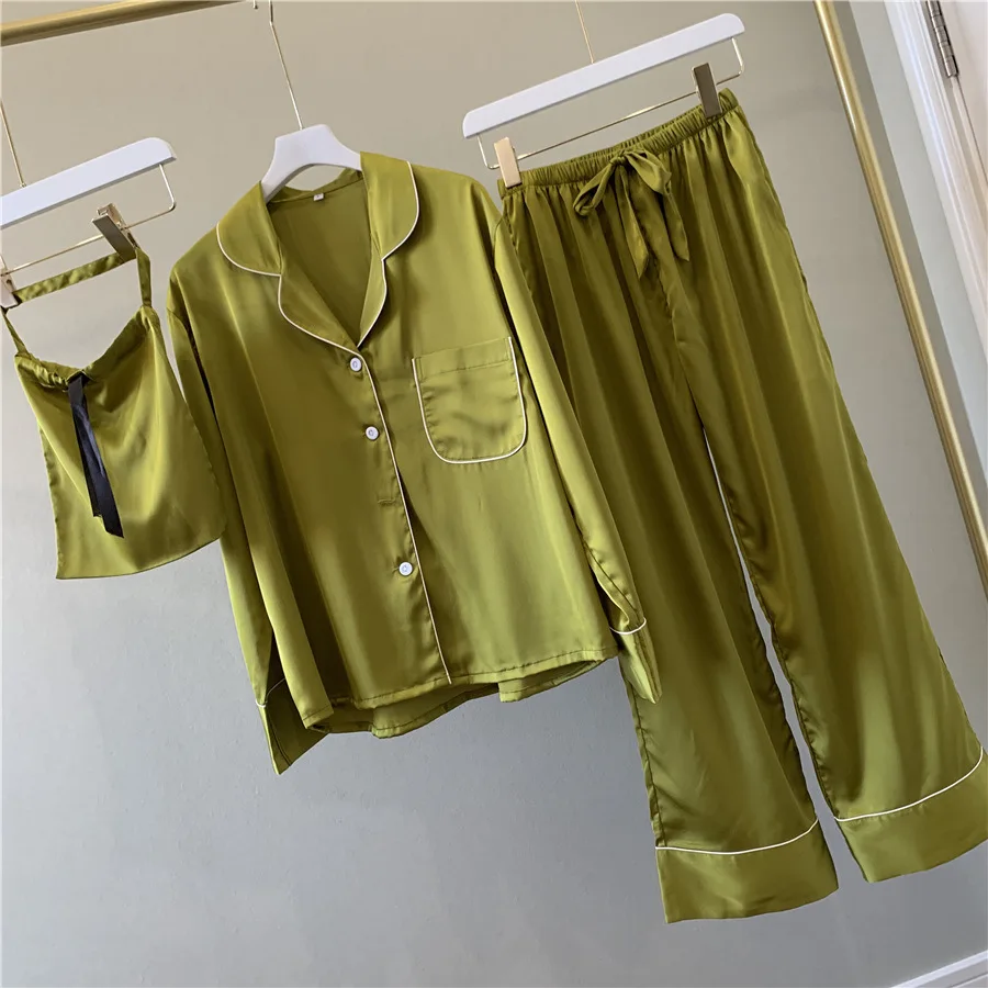 

Women Nightshirt Sets Women Silk Pajama Set Girl Solid Color Pyjama Set Long Sleeve Sleepwear Women Top Long Pant