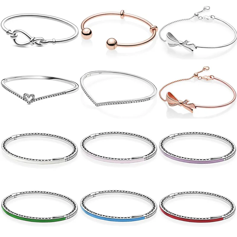

Original S925 Sparkling Heart Wishbone Radiant Hearts Infinity Knot Bangle For Popular Bracelet Bead Charm DIY Jewelry