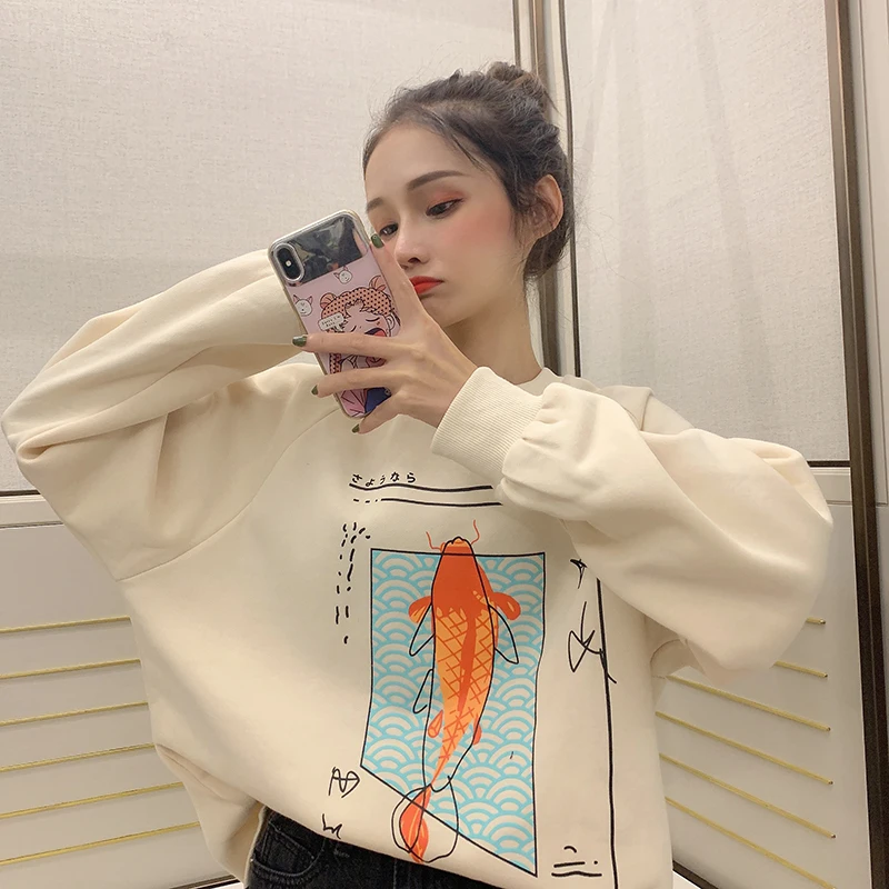 Женские кофты японский Harajuku Ulzzang Koi с длинным рукавом свободный свитер женский