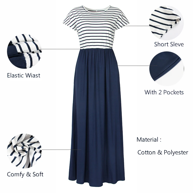 Летнее платье макси в полоску с коротким рукавом и круглым вырезом|Женские