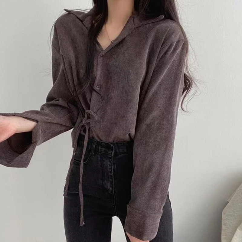 

Women Blouses Shirts 2021 Spring Autumn New Corduroy Vintage Oversize Office Korean Style Lace Up Ladies Tops