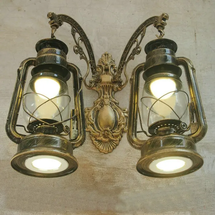 Vintage Old Style Kerosene Lamp Wrought Iron Painted Wall Lamp with Electric Double-layer LED Bulbs Corridor Porch Lamp