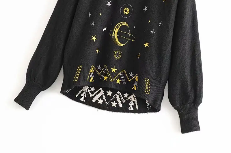 

2019 Autumn And Winter New Korean Women Sweater All-match Long Sleeved Shirt Slim Female Pullover O-Neck Embroidery Sun and Moon