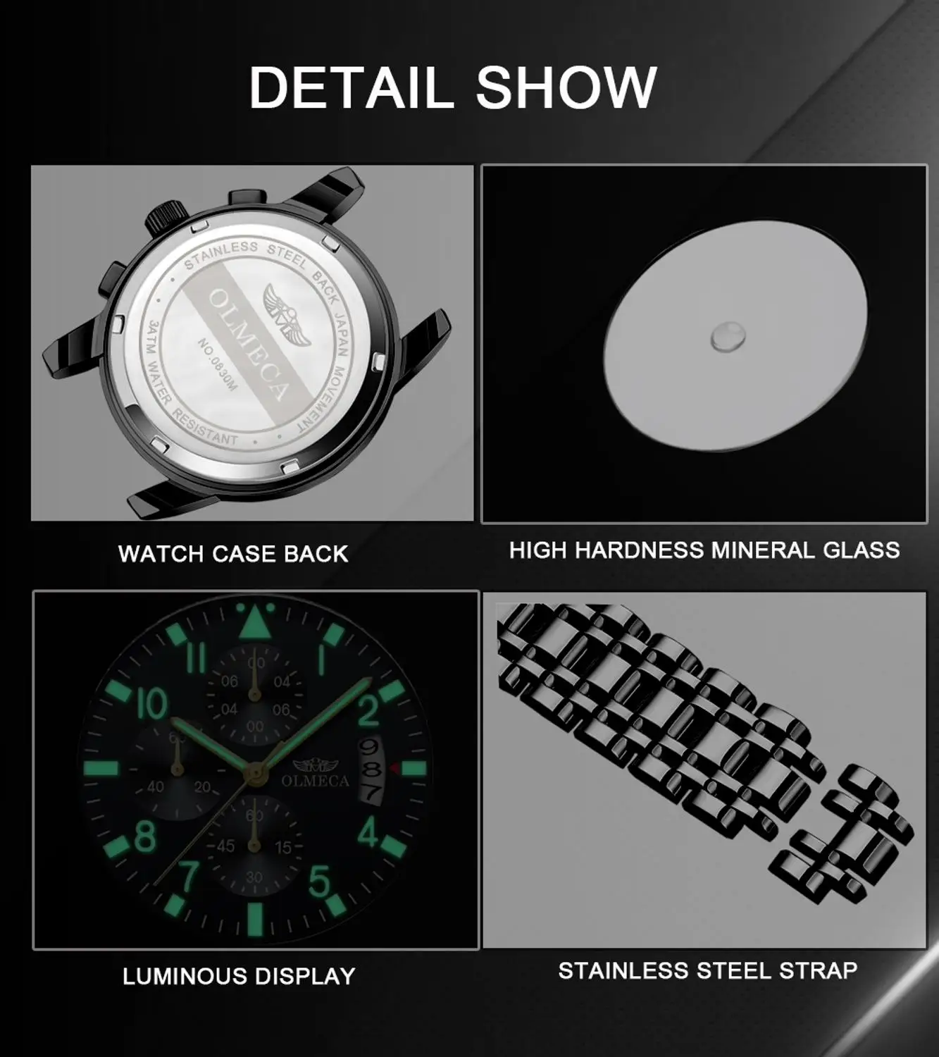 OLMECA Роскошные мужские часы Relogio Masculino водонепроницаемые Модные наручные часы светящиеся руки военные черные Кварцевые водонепроницаемые часы