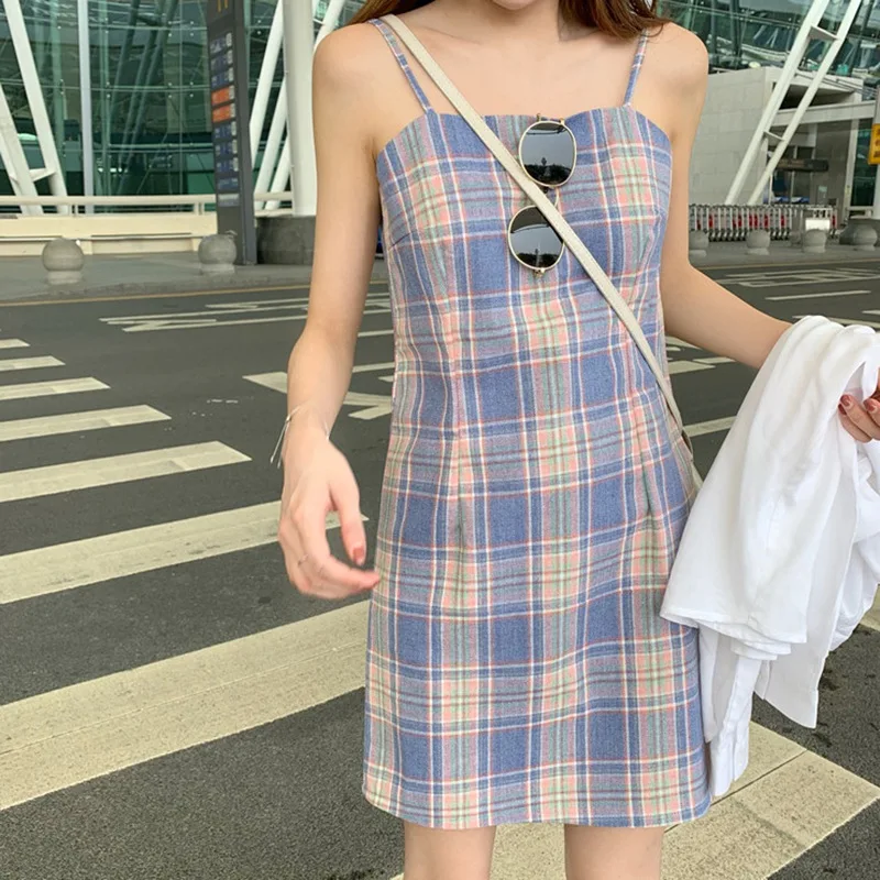 

Women Dress Plaid Slim Camisole dress Small Fresh Mini Dress Holiday Woman Dress