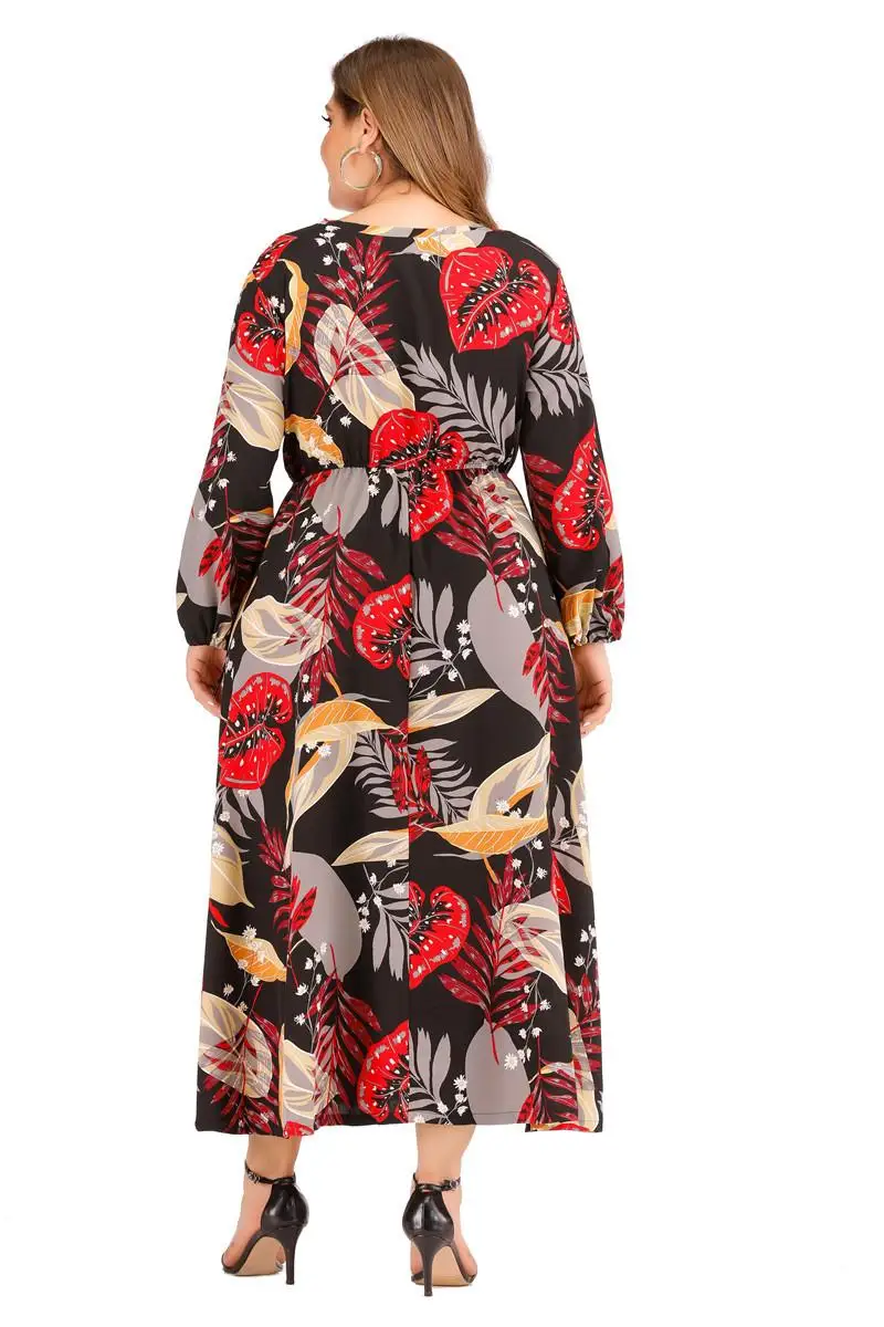 

print Floral maxi dress plus size boho beach v-neck elegant long chiffon dress casual big size women dress autumn large vestidos