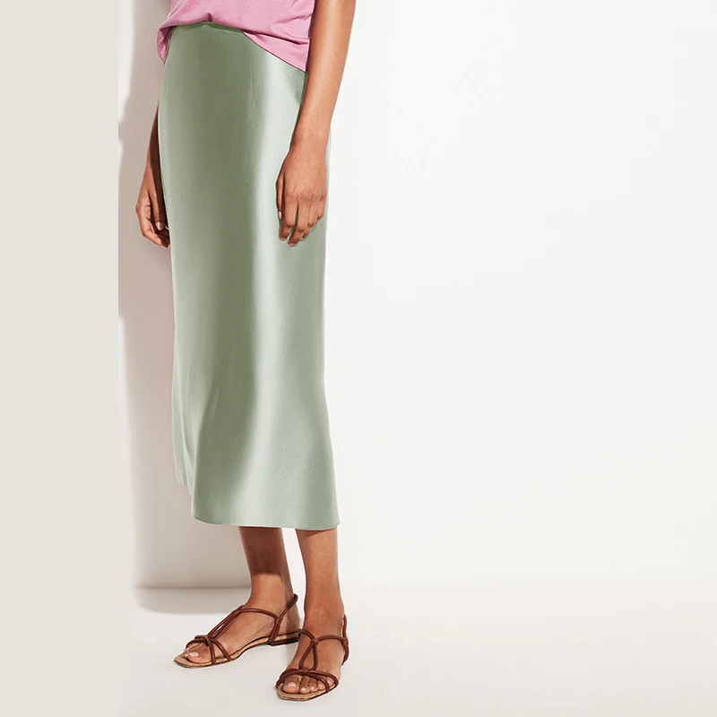 

Silk Satin A Line High Waist Women Midi Skirt Elegant Solid Loose Female Basic Skirts 2021 Spring New Fashion Ladies Bottom