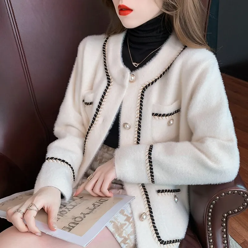 

Streetwear Womens Faux Mink Cashmere Coat 2022 Korean Fashion Elegant Pearl Button Cardigan Mujer New Autumn Winter Clothes