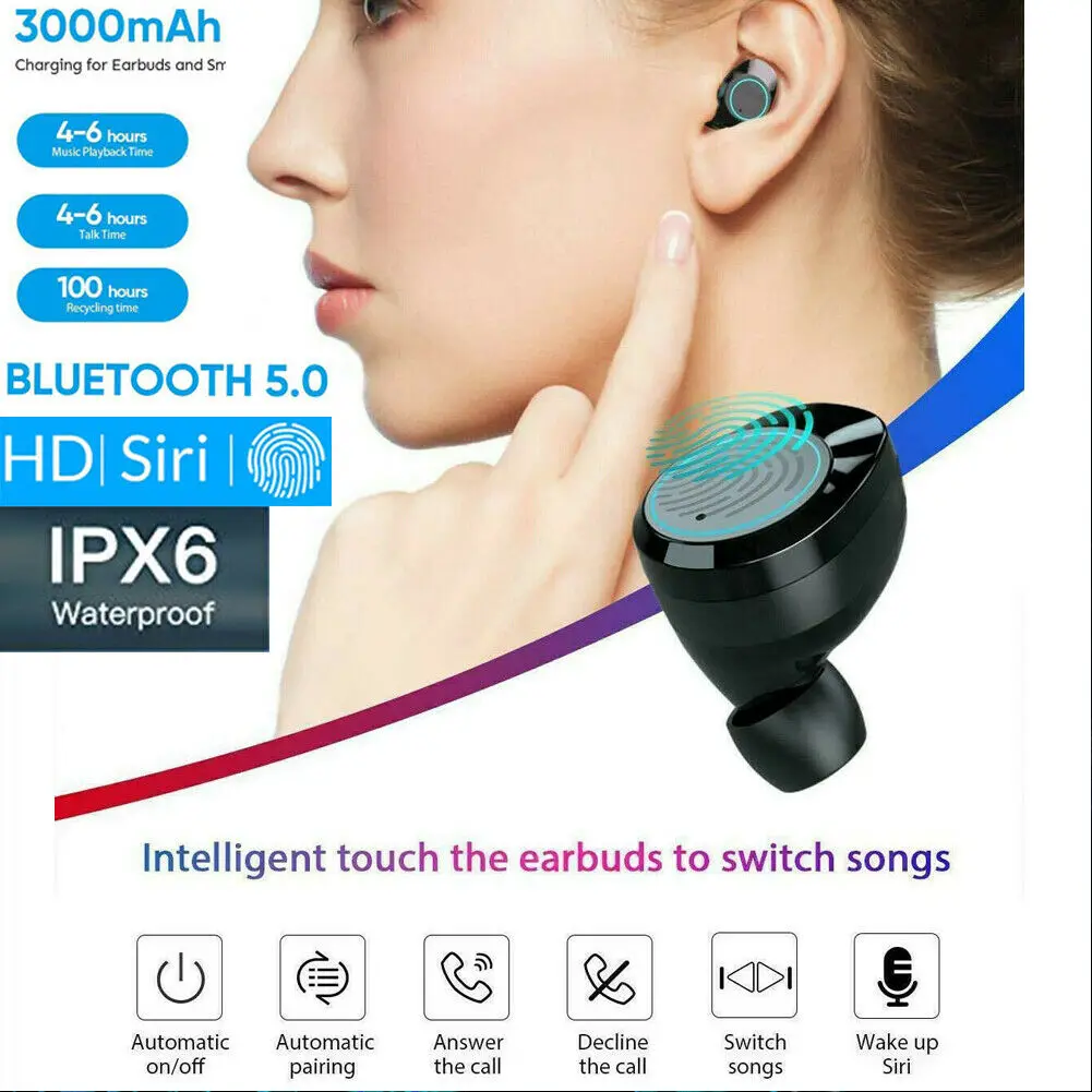 

5 hours Hifi Wireless Headphones Bass IPX7 Waterproof Bluetooth Earphones Touch Control Support Siri air dots 3000mAh for phone