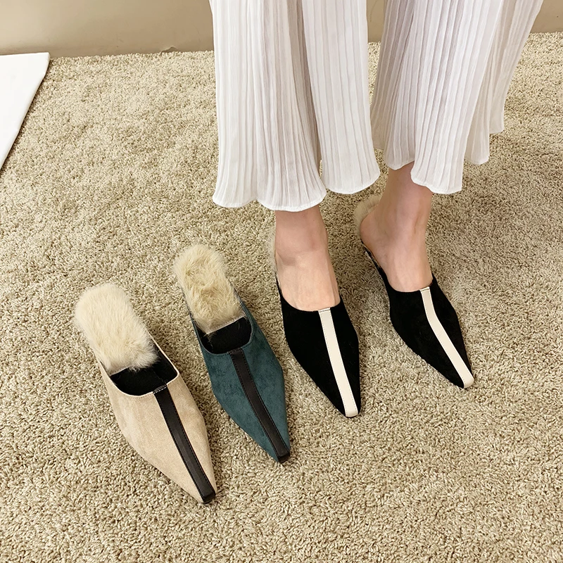 Женские меховые шлепанцы без задника с петлей на пятке коллекция 2019 года Сезон