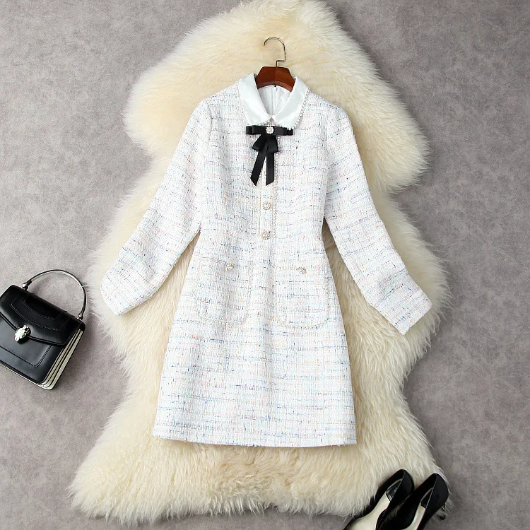 European and American women's clothing winter 2022 new Long sleeve peaded lapels and bow ties Fashionable tweed dress