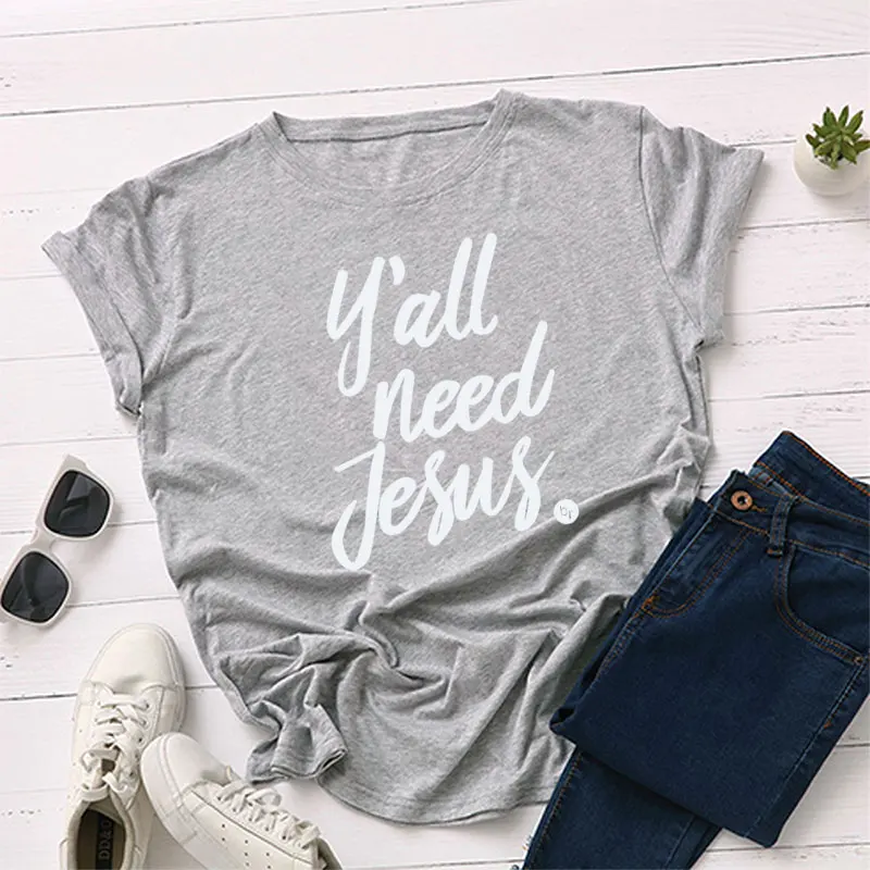 Yall need jesus, женские футболки с коротким рукавом, хлопок, футболки с забавным буквенным принтом, графическая женская футболка с круглым вырезом, Прямая поставка