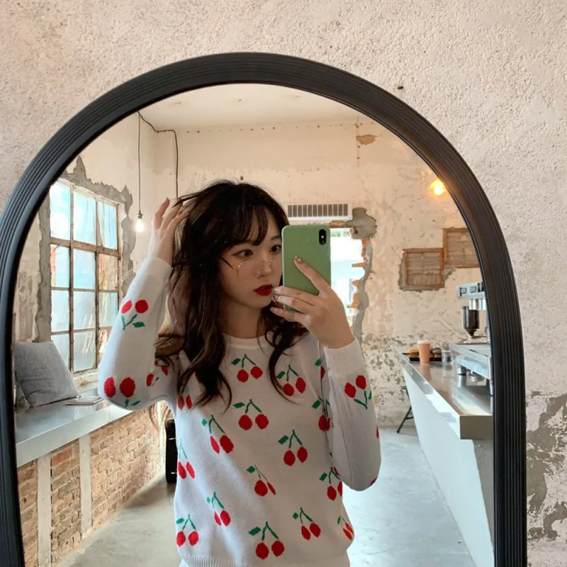 

New Women Cherry Vintage Pullover Sweater Long Sleeve Female Knitted Jumper Autumn Oversize Casual Ladies overalls