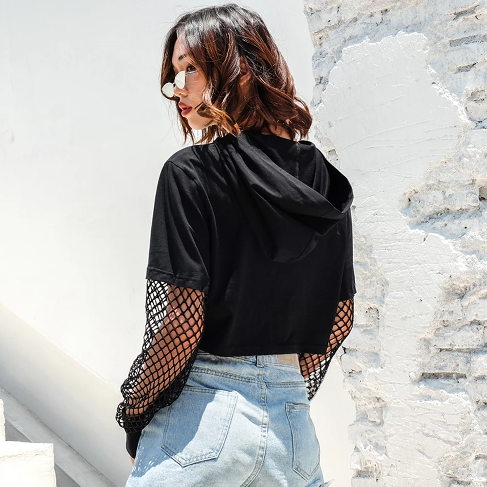 

Hoodies Casual Harajuku Mesh Long Sleeve Polyester Woman Sweatshirt Letter Print Crop Top Hollow Out Streetwear Cotton Tops Tees