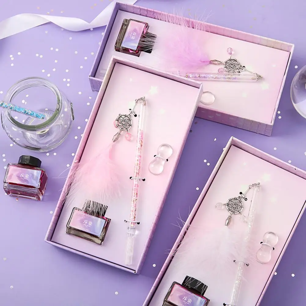 

1Set Crystal Pen Feather Pendant Design Fountain Pen Ink-saving Easy to Clean Dip Pen Art Crystal Signature Pen for Sketching