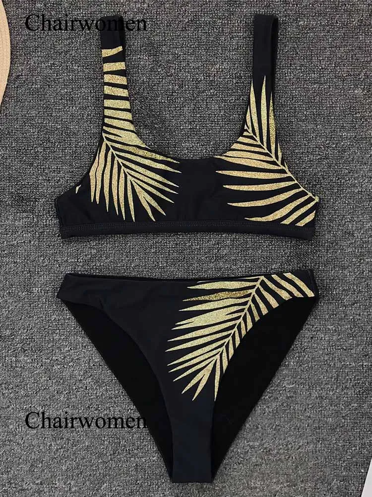 Сексуальный купальник с принтом золотых листьев черное бикини женский комплект