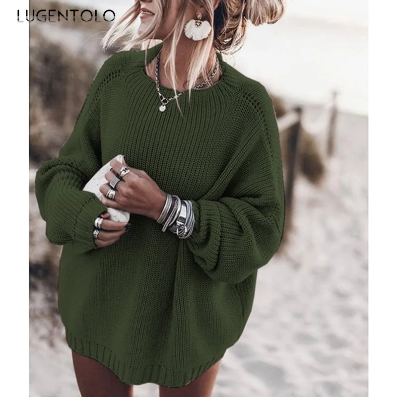 

Lugentolo Women Sweater Autumn Knitted Pullover Solid Color Loose Sweater Long Sleeve O-neck Lady Simple All-match Sweaters