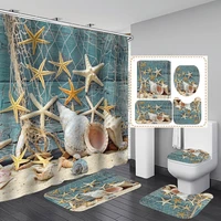 starfish shell fabric shower curtain bathroom curtains sets non slip beach style pattern toilet polyester cover mat set