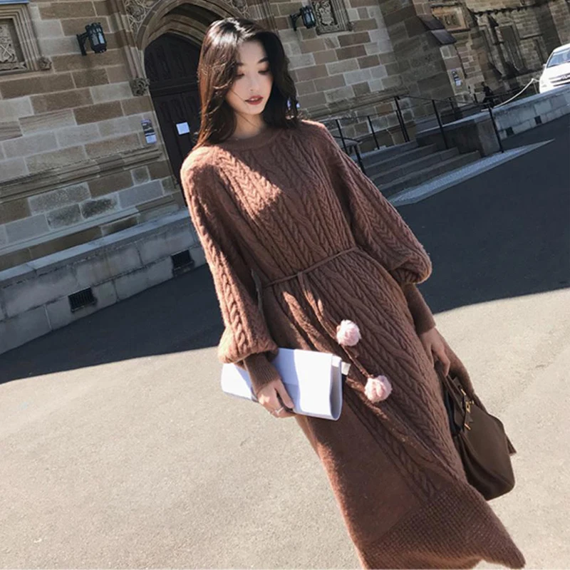 

Autumn Long Sweater Dress Women Knitted Long Dresses Winter Fashion Maxi Dress Women Clothing loose lantern sleeve belt brown
