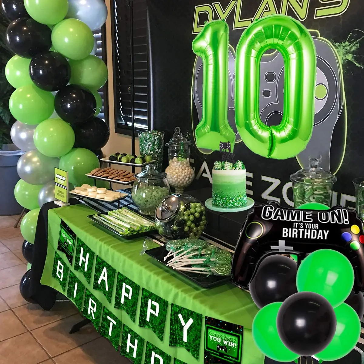 Дешево Украшения для 10-го дня рождения, зеленый и черный игровой контроллер уровня до 10, воздушный шар из фольги для мальчиков, товары для вечеринки...