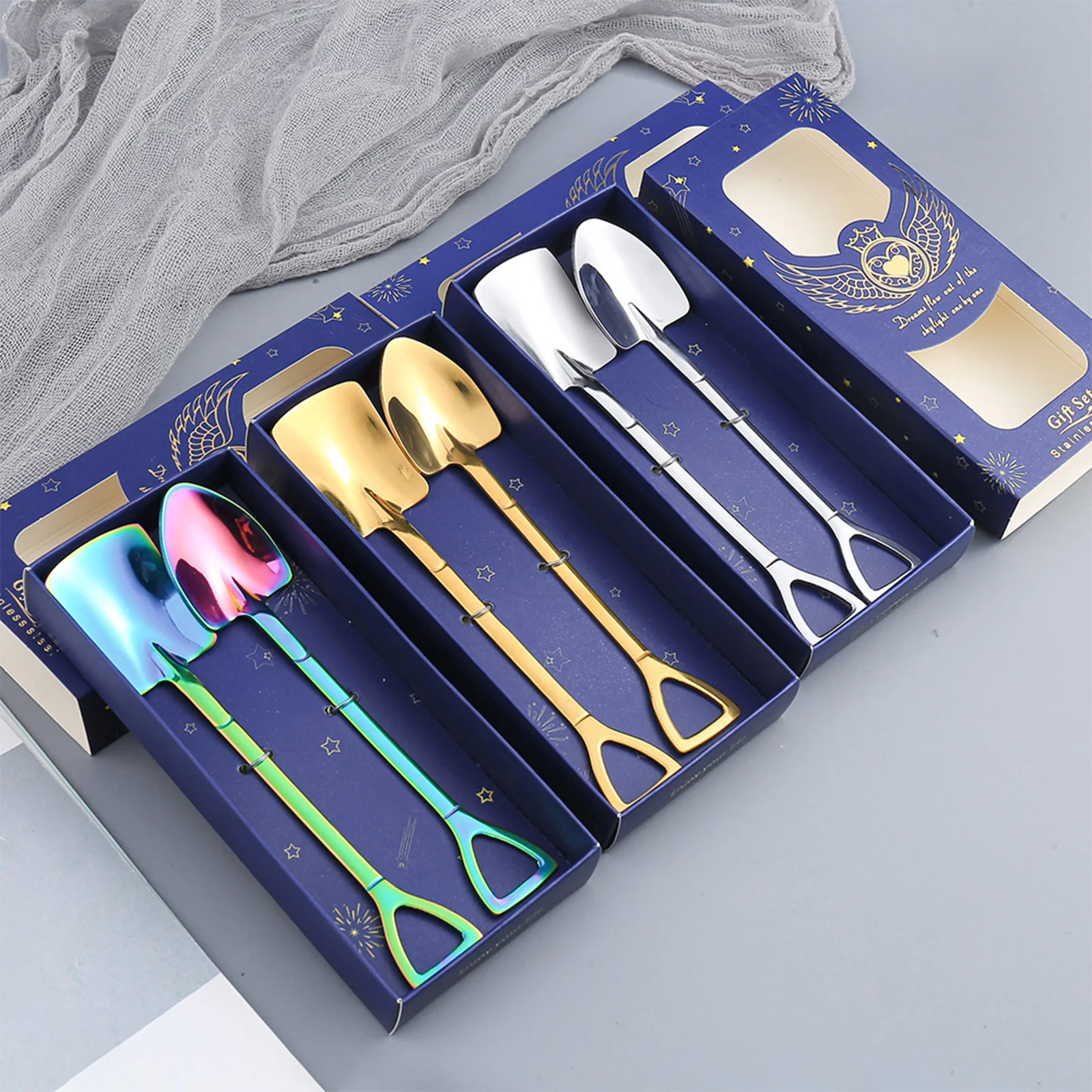 2PCs/Set Stainless Steel Shovel Shape Coffee Spoon Ice Cream