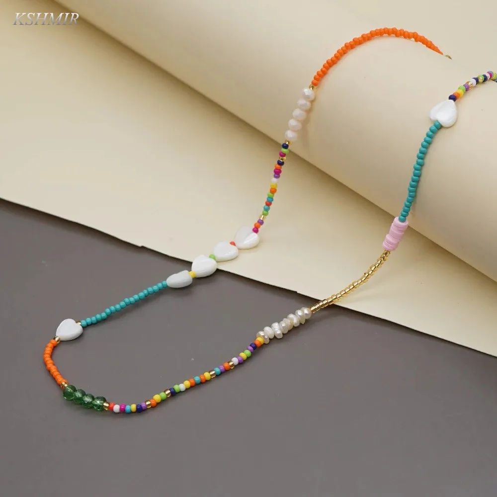 

2022 New love simple imitation pearl retro necklace ethnic style splicing rice beads color clavicle chain accessories