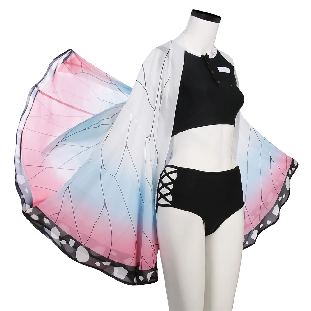 Демон убийца кохау Shinobu купальный костюм с шифоновая накидка черный Kisatsutai Kimetsu