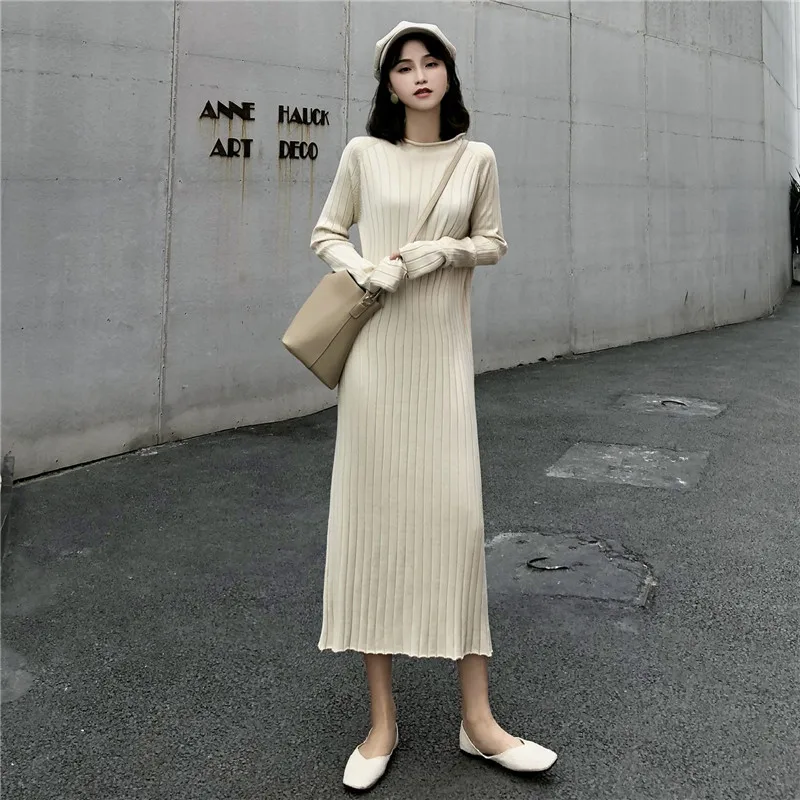 Женское платье-свитер с высоким воротом Осень-зима 2019 модное корейский стиль