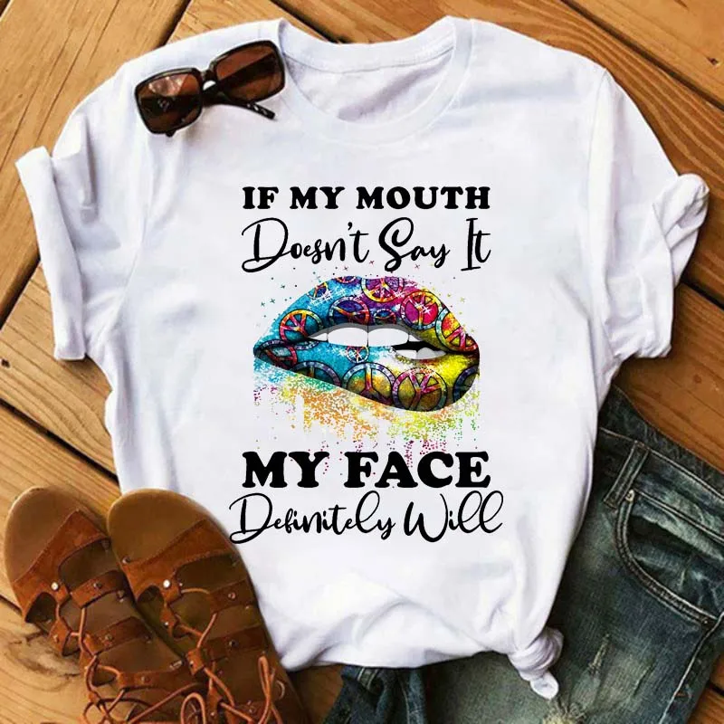 

Maycaur Fashion Leopard Lips Printed T Shirt Women Summer Short Sleeve Lips T-shirt White Tees Shirt Harajuku Korean Street Tops