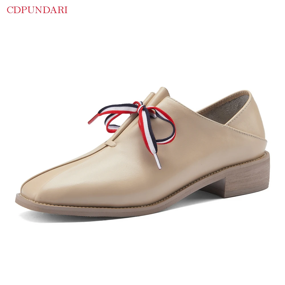 

Luxury Genuine Leather Low Heels Pumps Ladies Spring Popular Lace Up casual shoes zapatos casuales de mujer