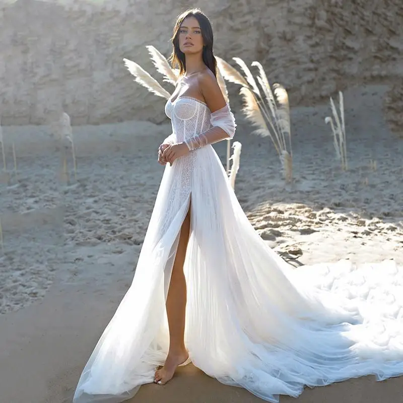 Soft Beach Wedding Dress Detachable Sleeve Sweetheart Neck Bridal Gowns High Side Split Wedding Gowns Vestido De Noiva wedding dress for women