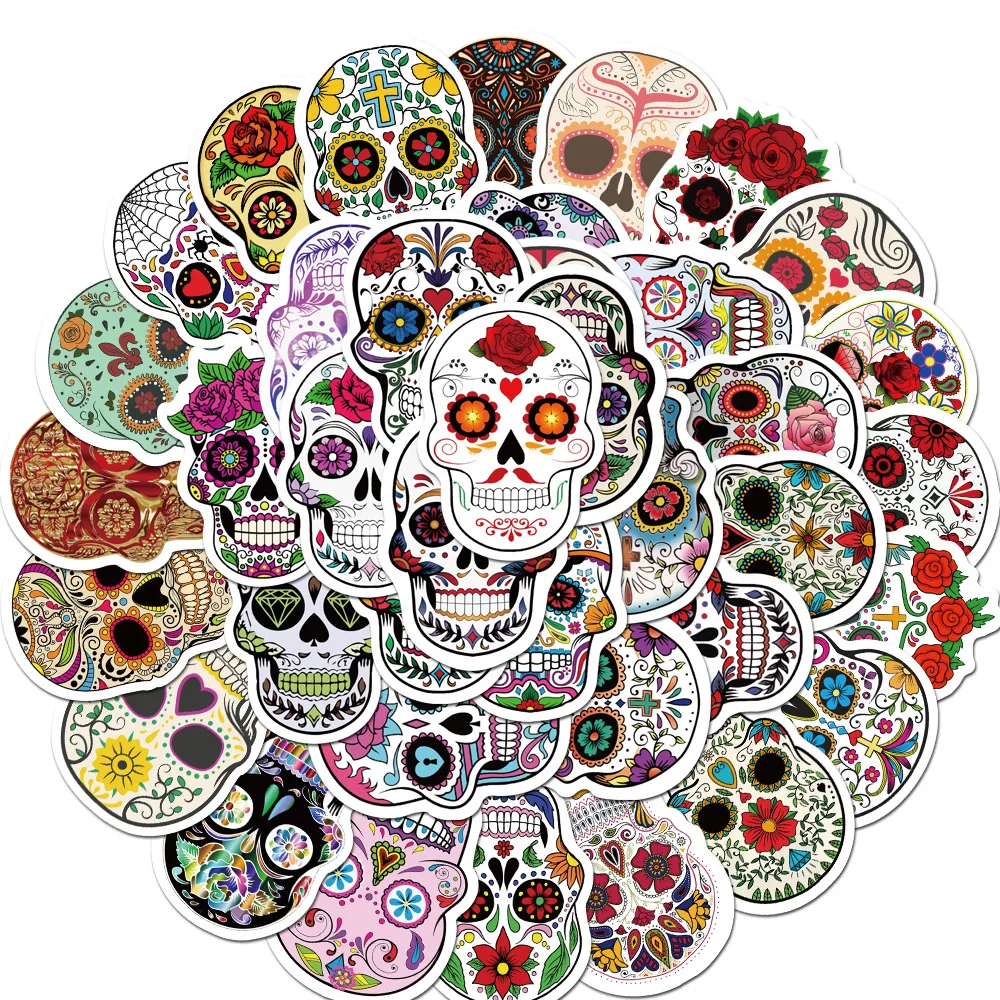 

50pcs Sugar Skull Stickers Graffiti Pack Mexican Calaver Death Day Vinyl Art Decals for Laptop Water Bottle Luggage Skateboard