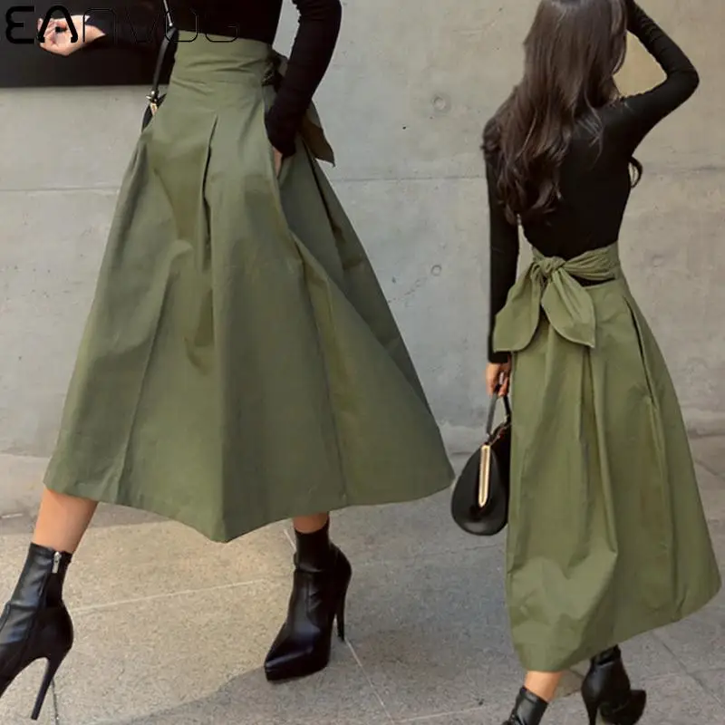 

Army Green Skirt Womens Korean Fashion Solid Color Big Swing Ladies Skirt Long Skirt 2020 Autumn Wild High Waist Bow Slim Skirts