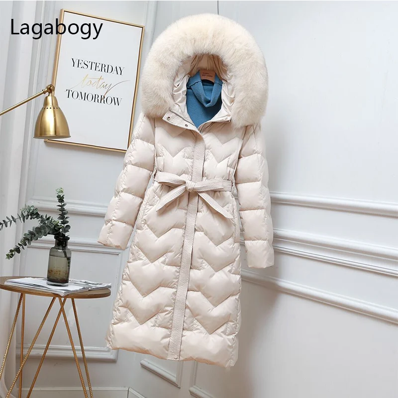

Lagabogy 2021 New Winter Hooded Long Puffer Jacket Women 90% White Duck Down Coat Female Slim Warm Parkas Real Fox Fur Outwears