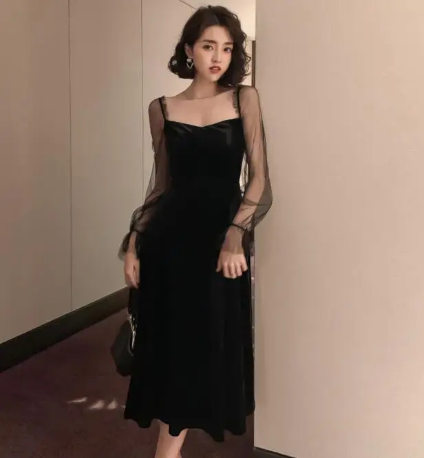 Черное бархатное винтажное платье Hepburn Осень зима с длинным рукавом сексуальное