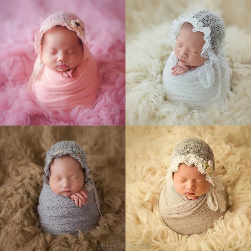 

Baby Photography Props Newborn Knitted Stretch Wrap+Hat Set Infants Photo Shooting Crochet Blanket Bonnet O27 20 Dropshipping