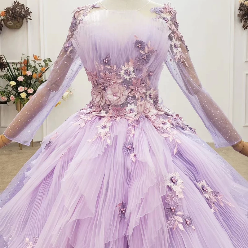 HTL1753 Elegant Charming Ligh High Neck Long Sleeve Bow Appliques Crystal Tiered Evening Dress 2020 платье нарядное