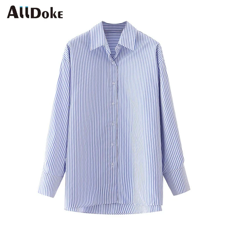 

Alldoke Blue Striped Casual Shirts Vintage Turn-down Collar Long Sleeve Oversized Blouses Summer Blusas Mujer 2021 Chemise Femme