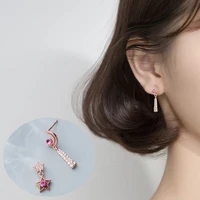 star moon asymmetric stud earrings for women shiny micro crystal red zircon stone geometric dangle rose gold earring jewelry