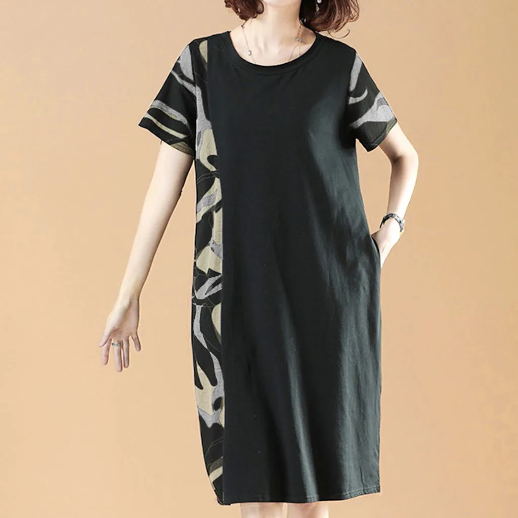 

2021 Women Dress Polyester Fashion Womens Short Sleeve Camouflage O-neck Knee Lengtht Dress Summer Loose Dresses Home Dress