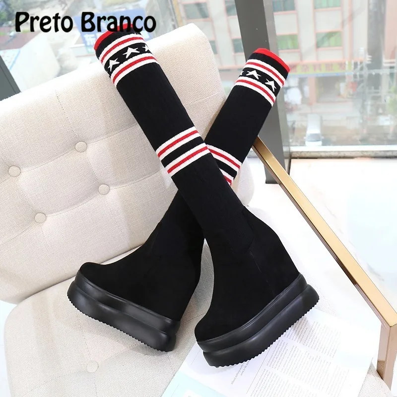 PRETO BRANCO/женские носки на платформе Черные женские сапоги до колена Эластичные